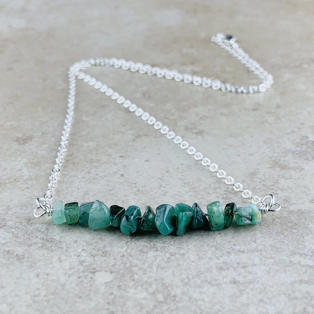 May Birthstone Necklace, Emerald - Silver