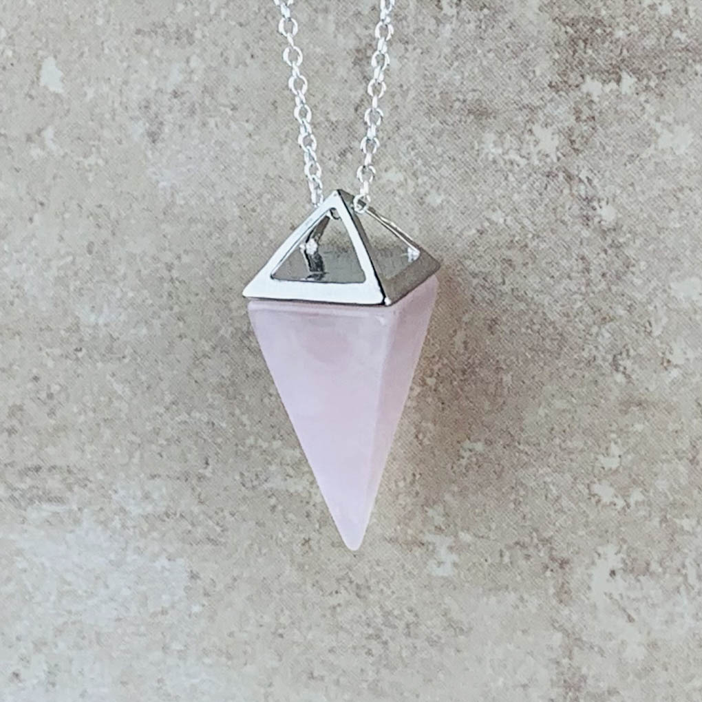 Silver rose quartz pyramid necklace